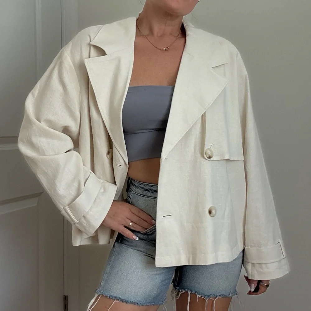 Women's Cream Double-Breasted Lightweight Jacket - Picture 1 of 12